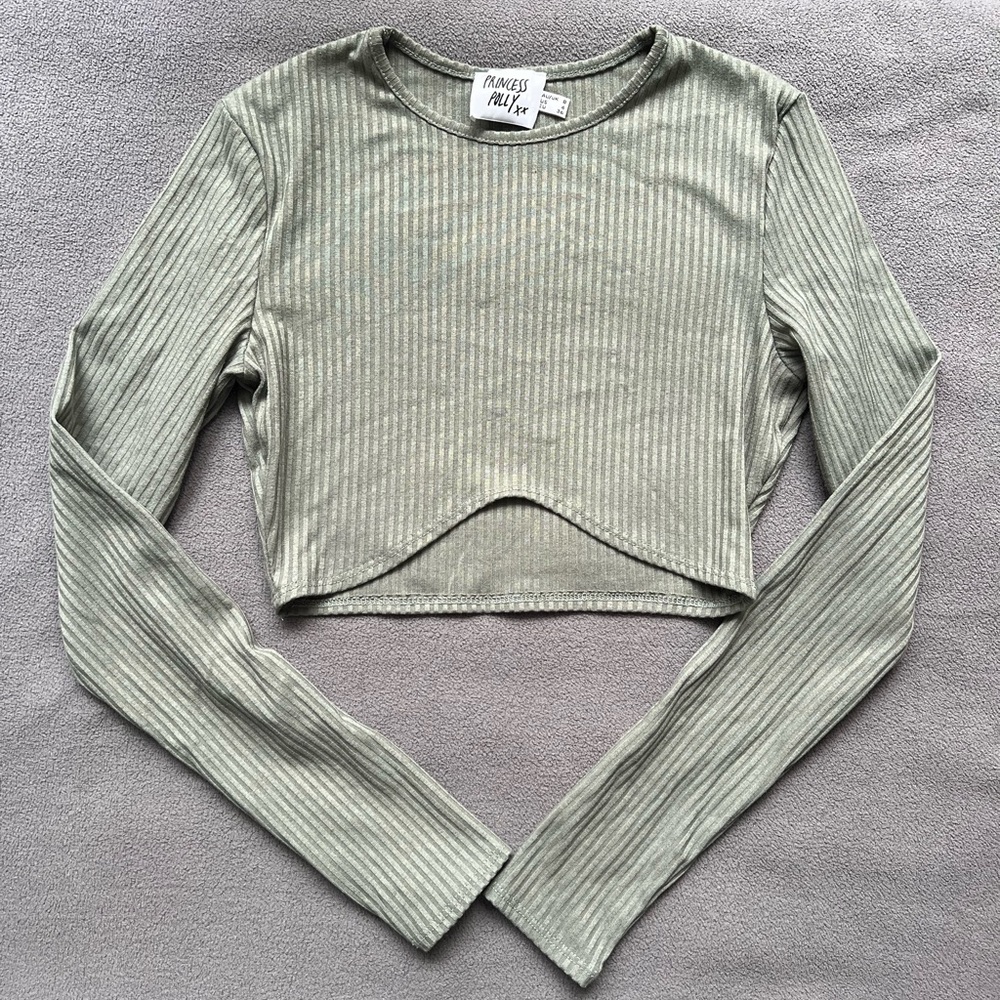 Princess Polly Sarada Green Long-Sleeved Crop Top Ribbed Size 4